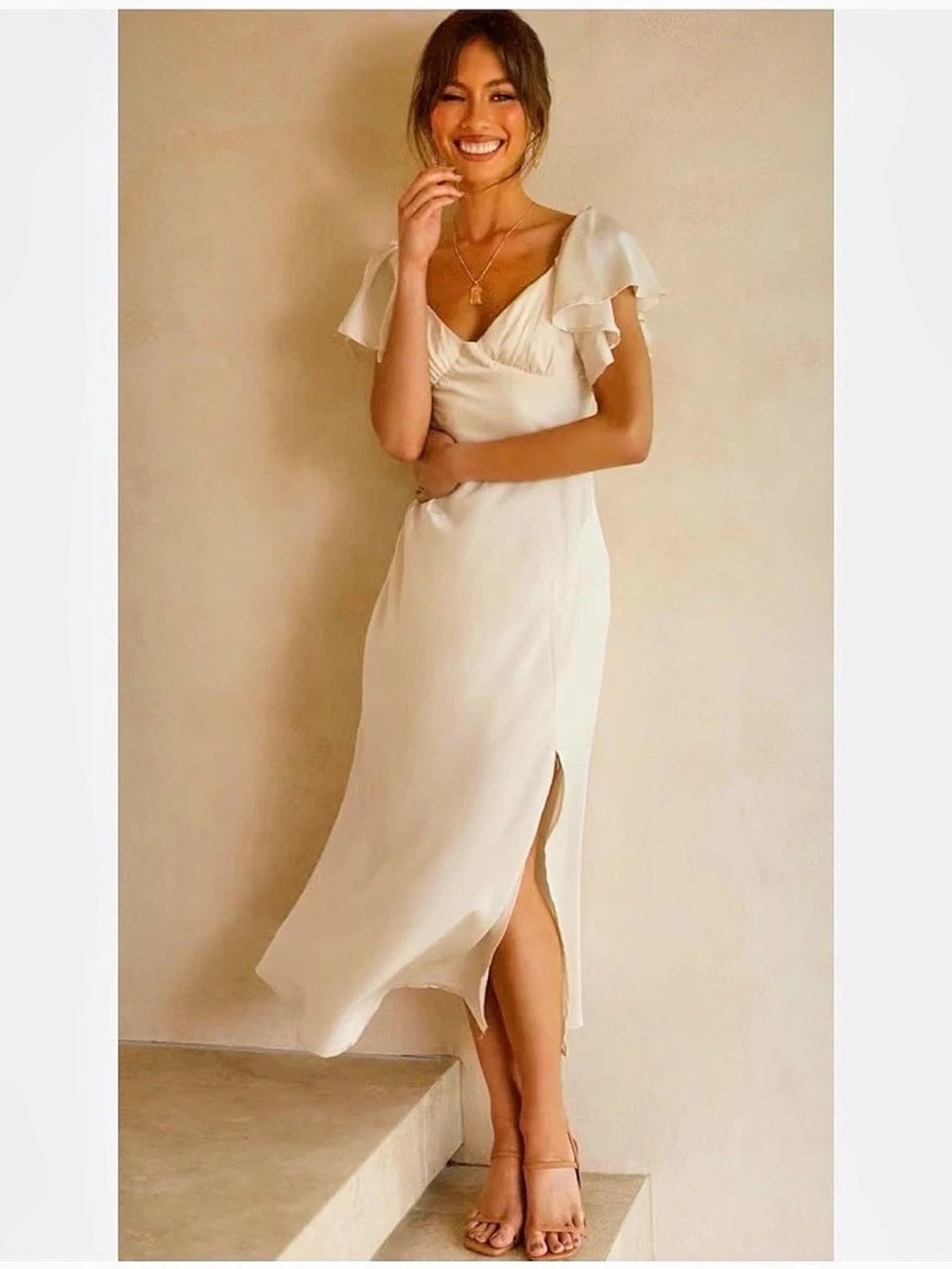 Here Comes The Sun Satin Wedding Guest Cocktail Midi Dress Ivory Sz Small NWT